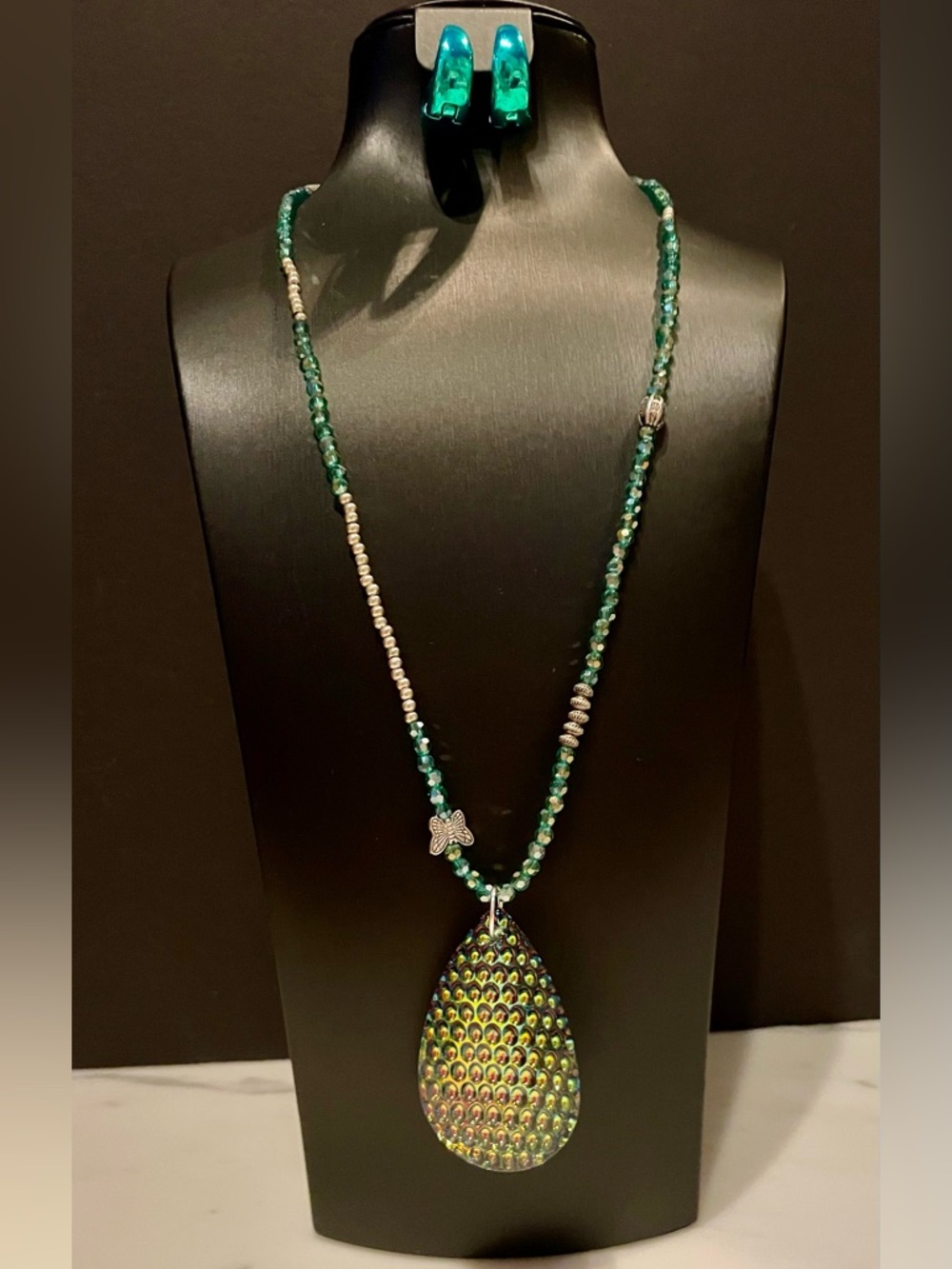 Dichroic Glass Iridescent Teardrop Pendant Necklace